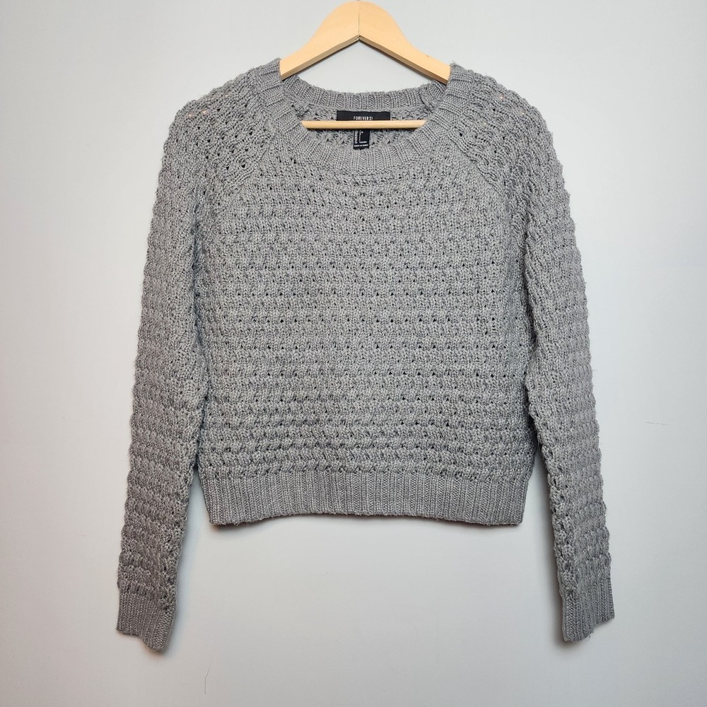 Forever 21 Textured Open Knit Popcorn Raglan Sleeve Sweater Gray Size Large